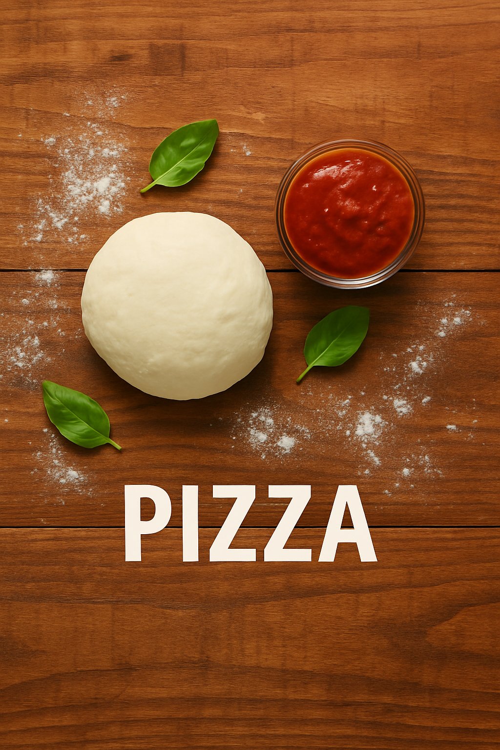 A ball of Pizza dough with a bowl of pizza sauce and basil leaves on a wooden table
