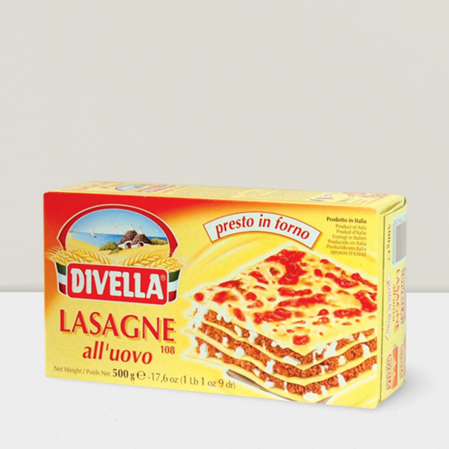 Box of Divella lasagne sheets made with durum wheat and eggs