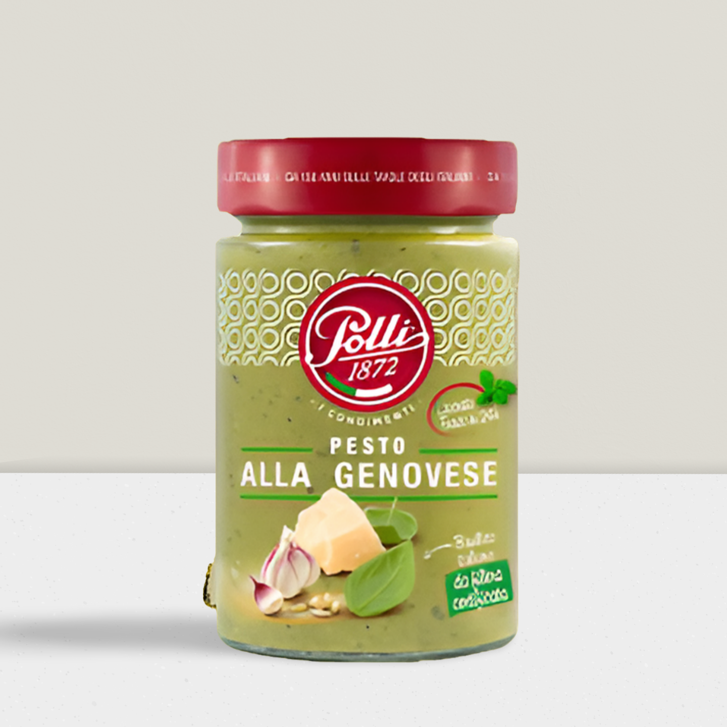 Polli brand ready made basil pesto sauce Genovese style in glass jar