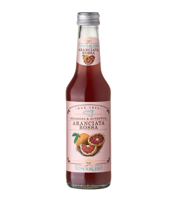 Bottle of Aranciata Rossa juice on a white background