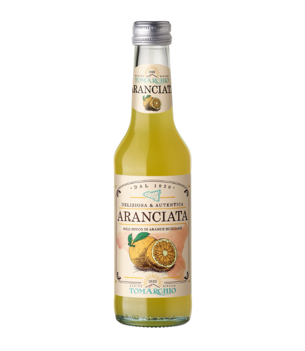Bottle of Aranciata juice with a white background