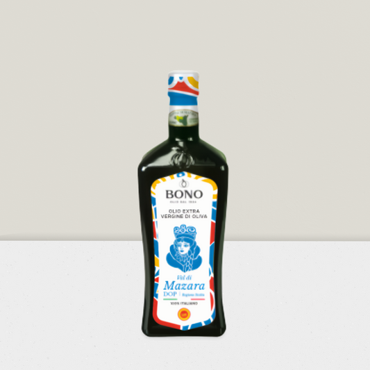 Bottle of Bono olive oil with a colorful label on a white background