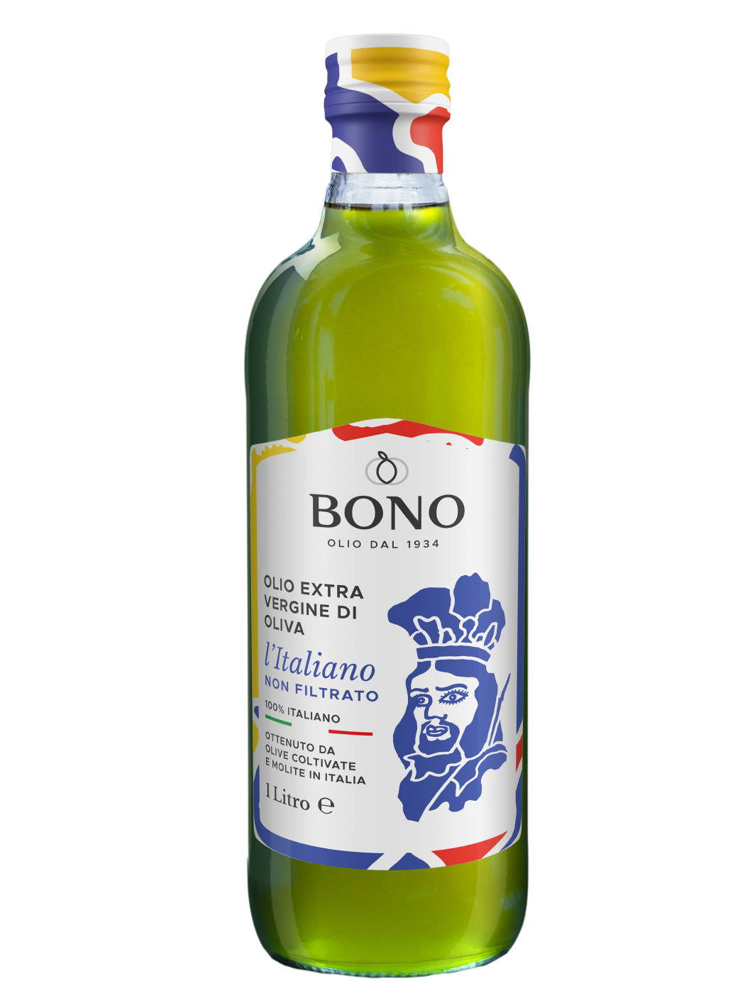 Bottle of Bono olive oil with a colorful label on a white background