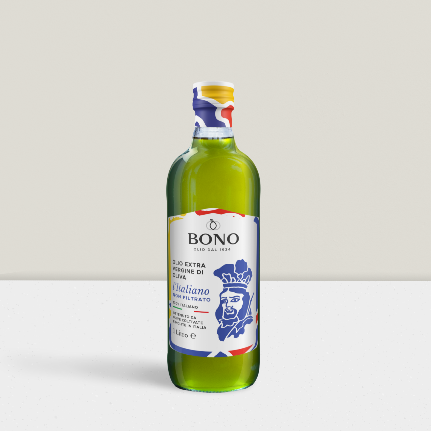 Bottle of Bono olive oil on a light gray background