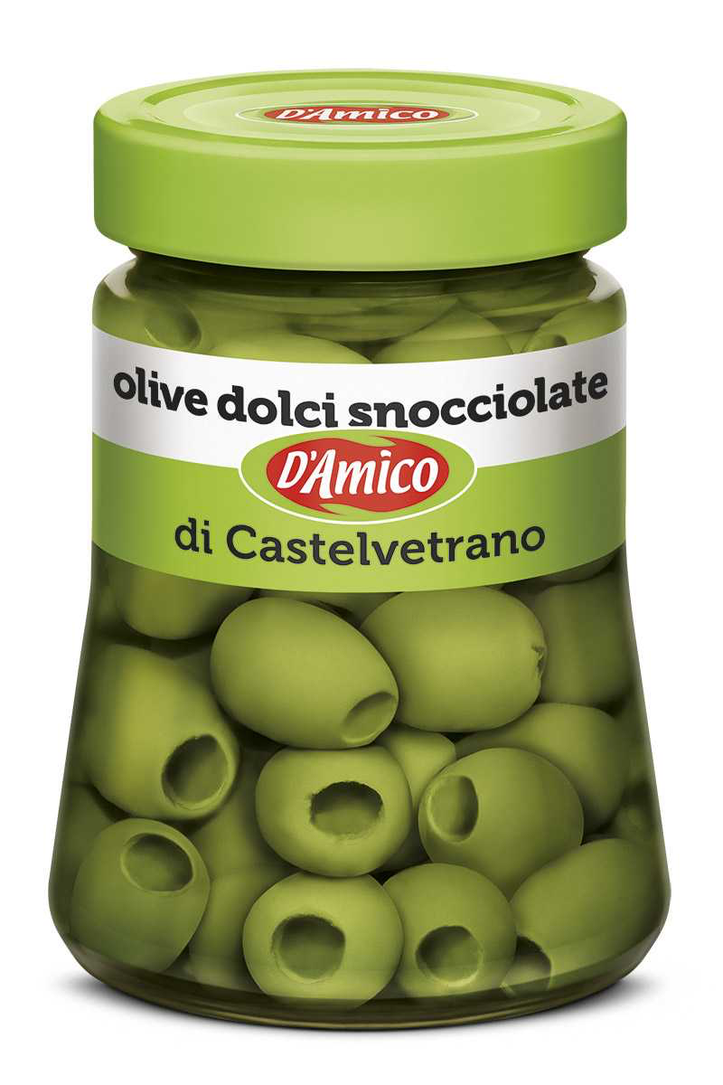 Jar of D'Amico green olives on a white background