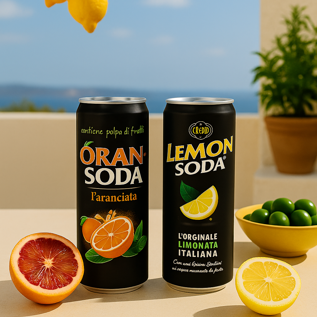 Two cans of 'Oran Soda' and 'Lemon Soda' with lemons and oranges on a table with a scenic background.