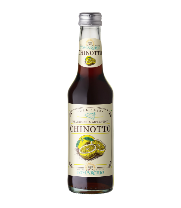 Bottle of Chinotto liqueur with a label on a white background