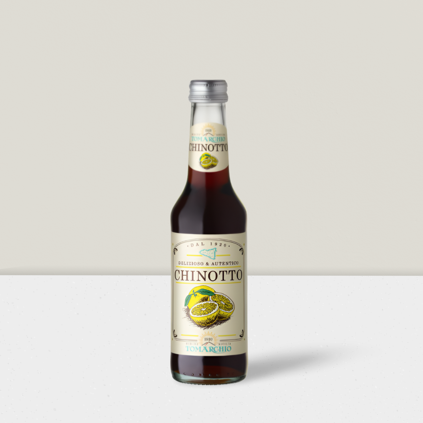 Bottle of Chinotto on a white background