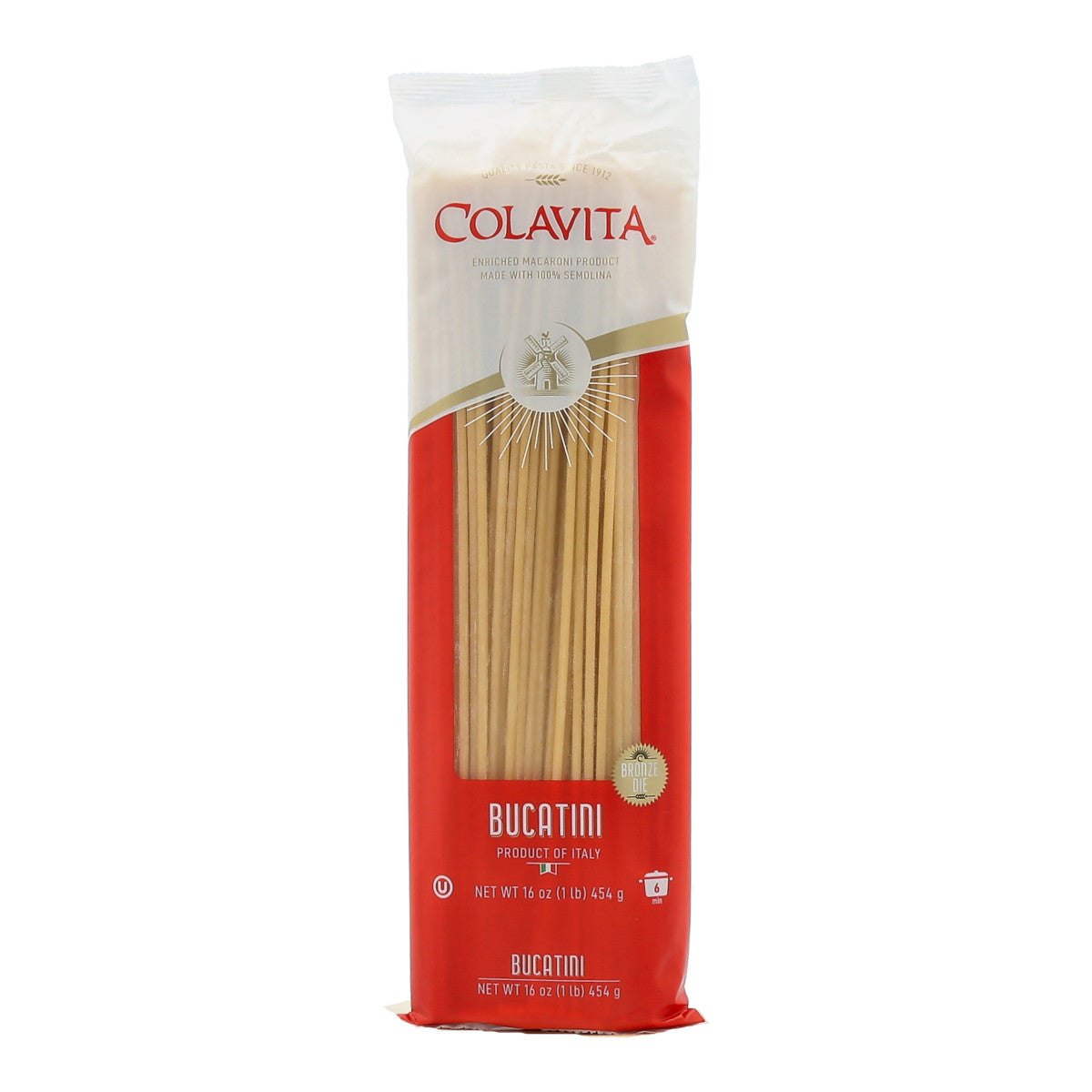 Colavita Bucatini pasta package on a white background