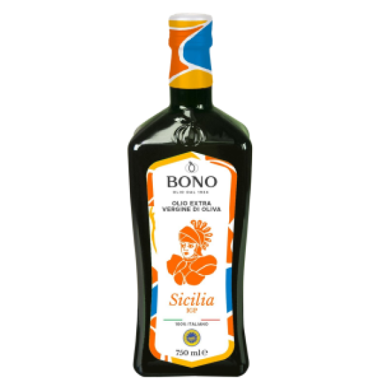 Bottle of Bono Sicilia olive oil on a white background