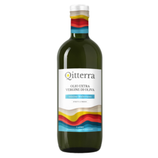 Bottle of Qitterra olive oil with a colorful label on a white background