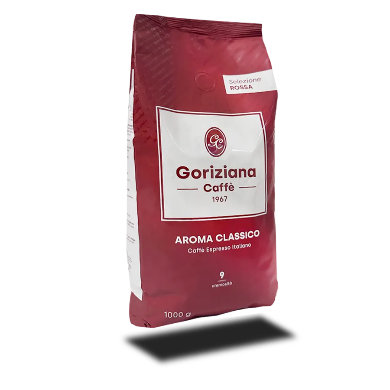 Red and white coffee bag with 'Goriziana Caffè' branding on a white background