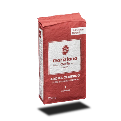 Red coffee bag with 'Goriziana Caffè' branding on a white background