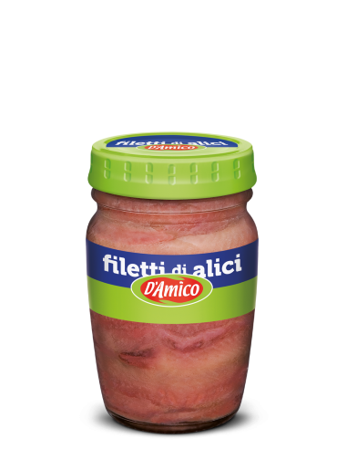 Jar of D'Amico filetti di alici ( anchovy fillets) on a white background