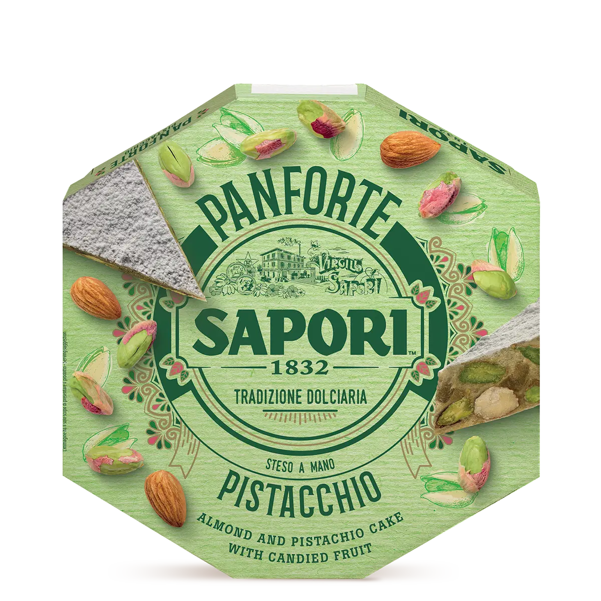 Panforte Sapori pistachio cake packaging on a white background