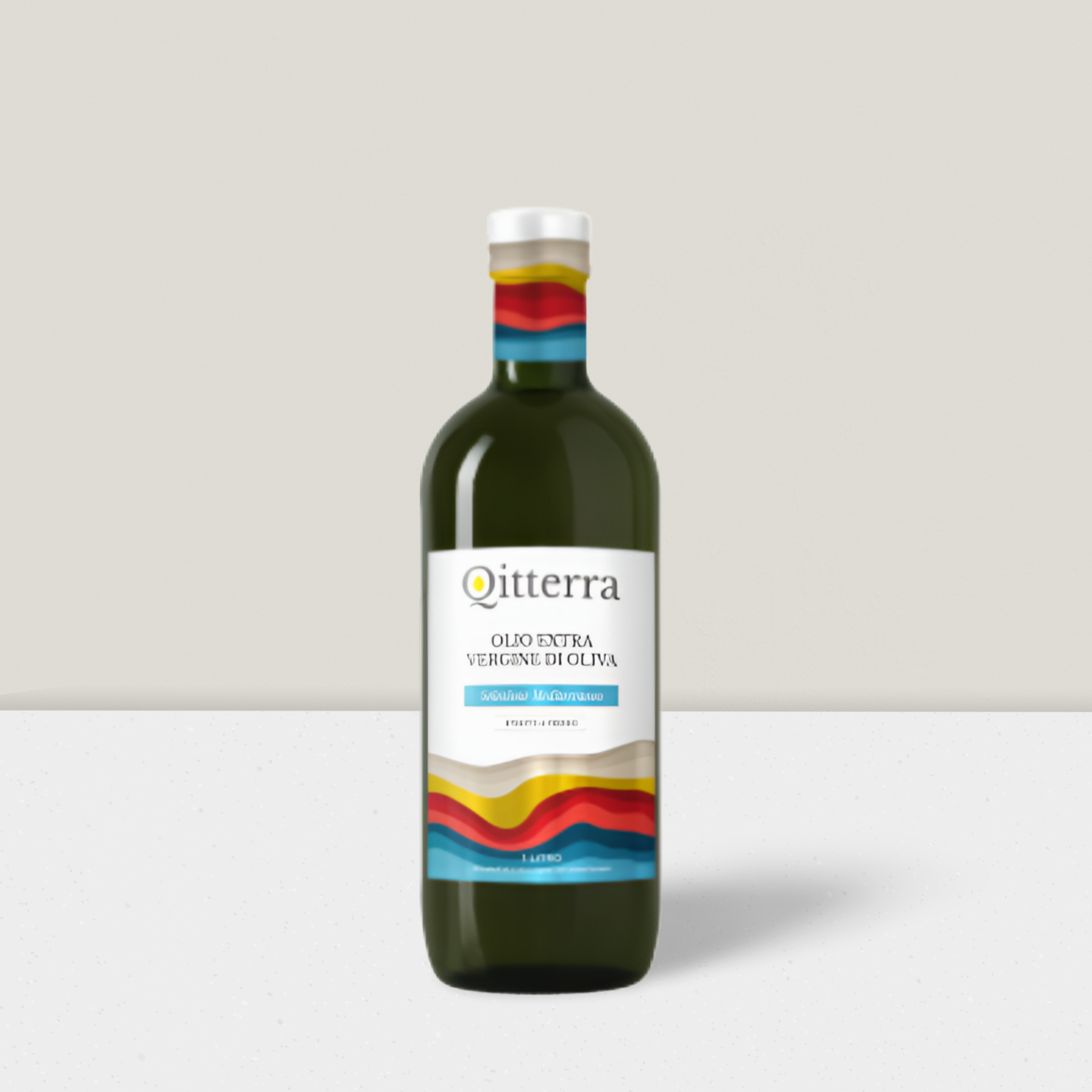 Bottle of Oitterra olive oil with a colorful label on a white background