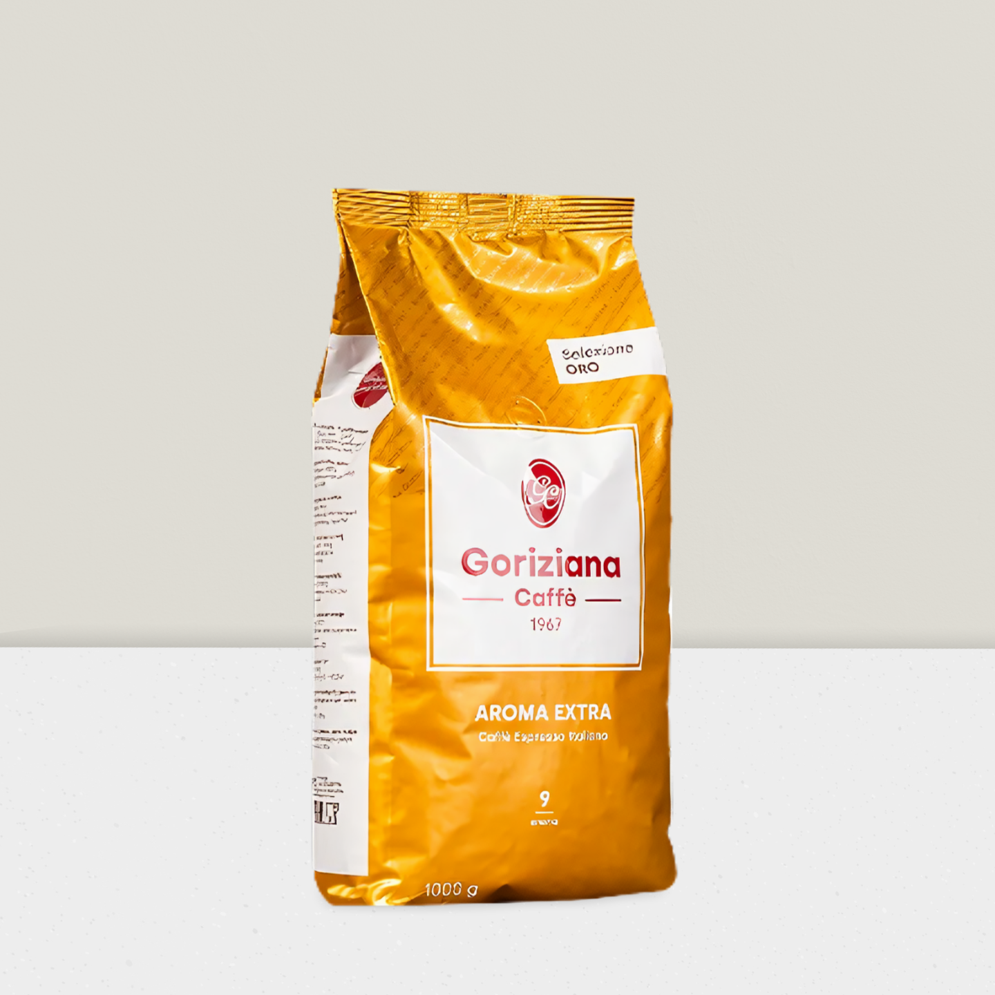 Orange coffee bag with 'Gariziana Caffè' branding on a light gray background