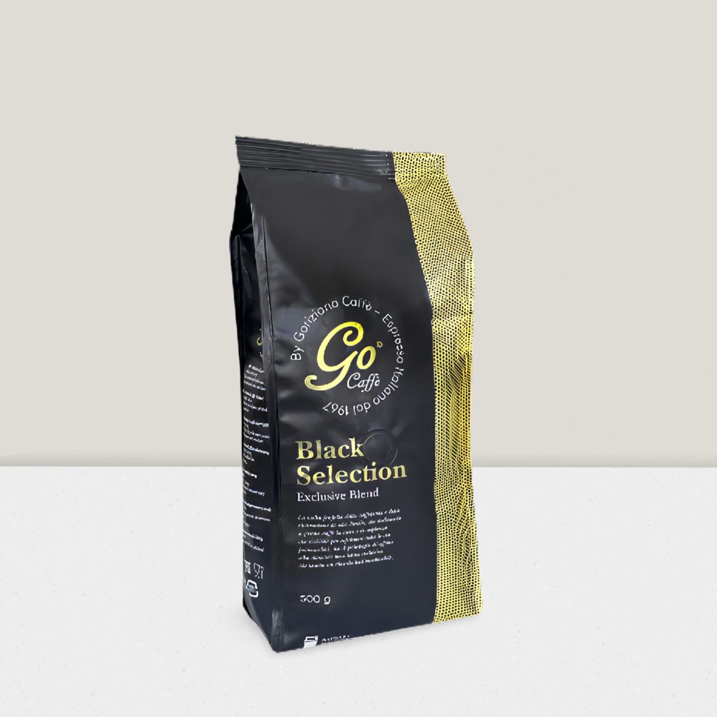 Black coffee bag with gold accents featuring 'Go Cafe' on a light gray background