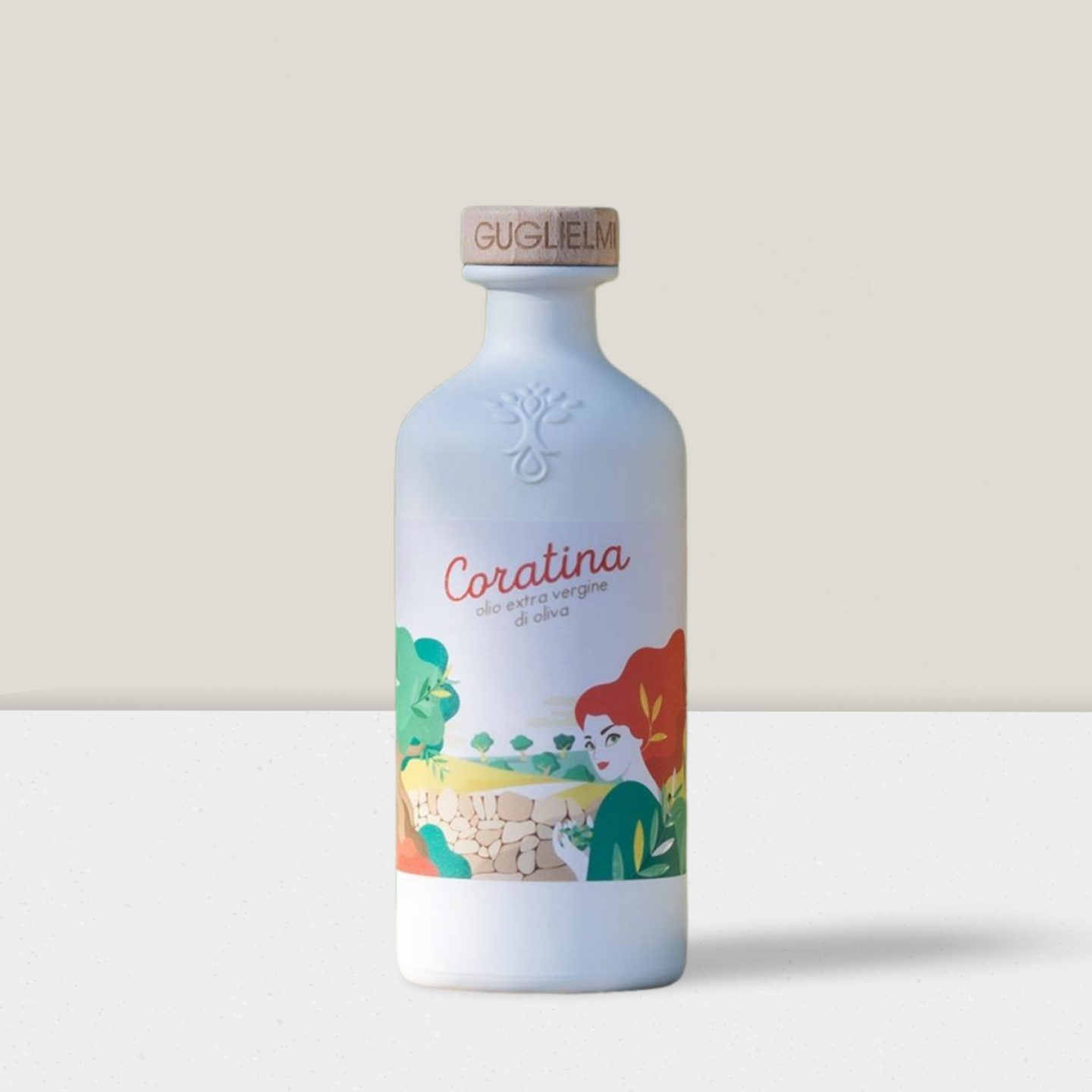 Beautiful white bottle of EVOO