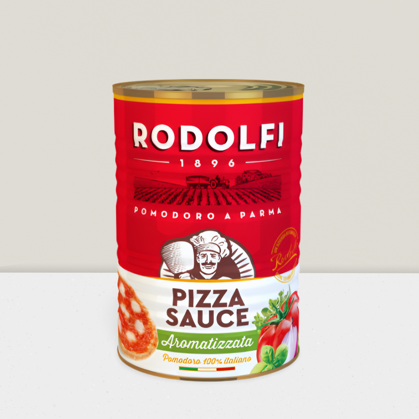 Can of Rodolfi pizza sauce on a white background