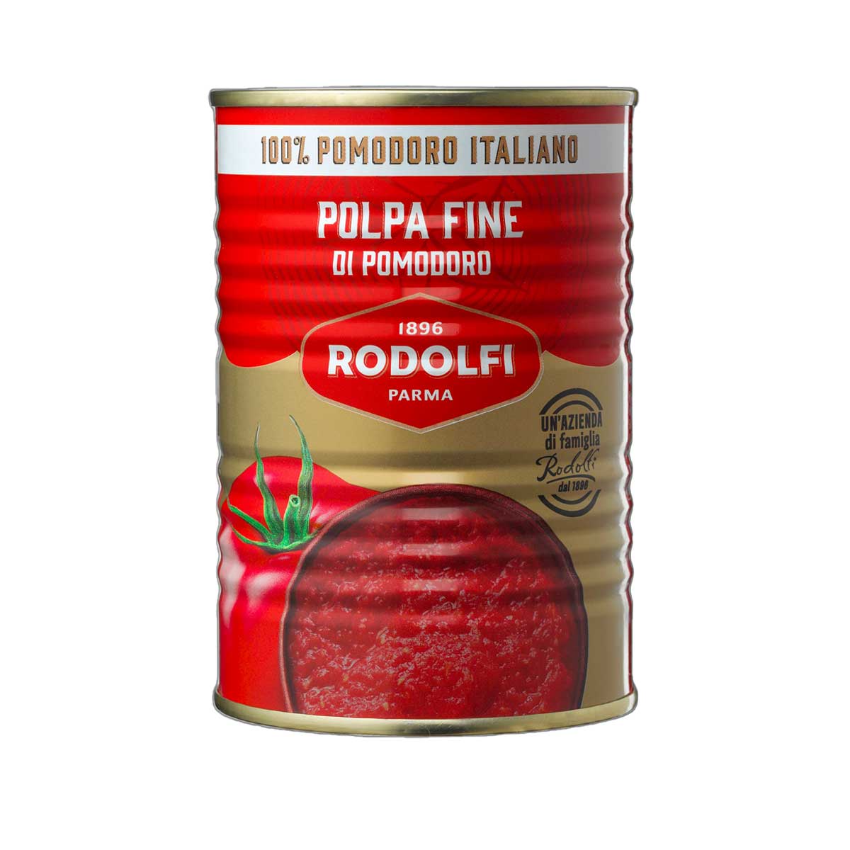 Can of Rodolfi tomato paste with red and gold label on a white background