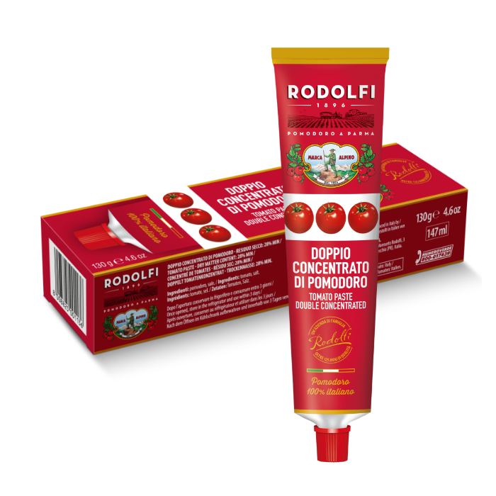 Rodolfi tomato paste tube and packaging on a white background