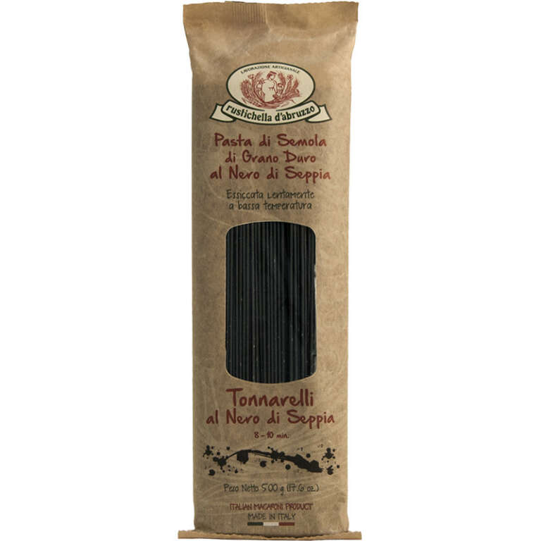 Kraft paper package of Tornarelli pasta with branding on a white background