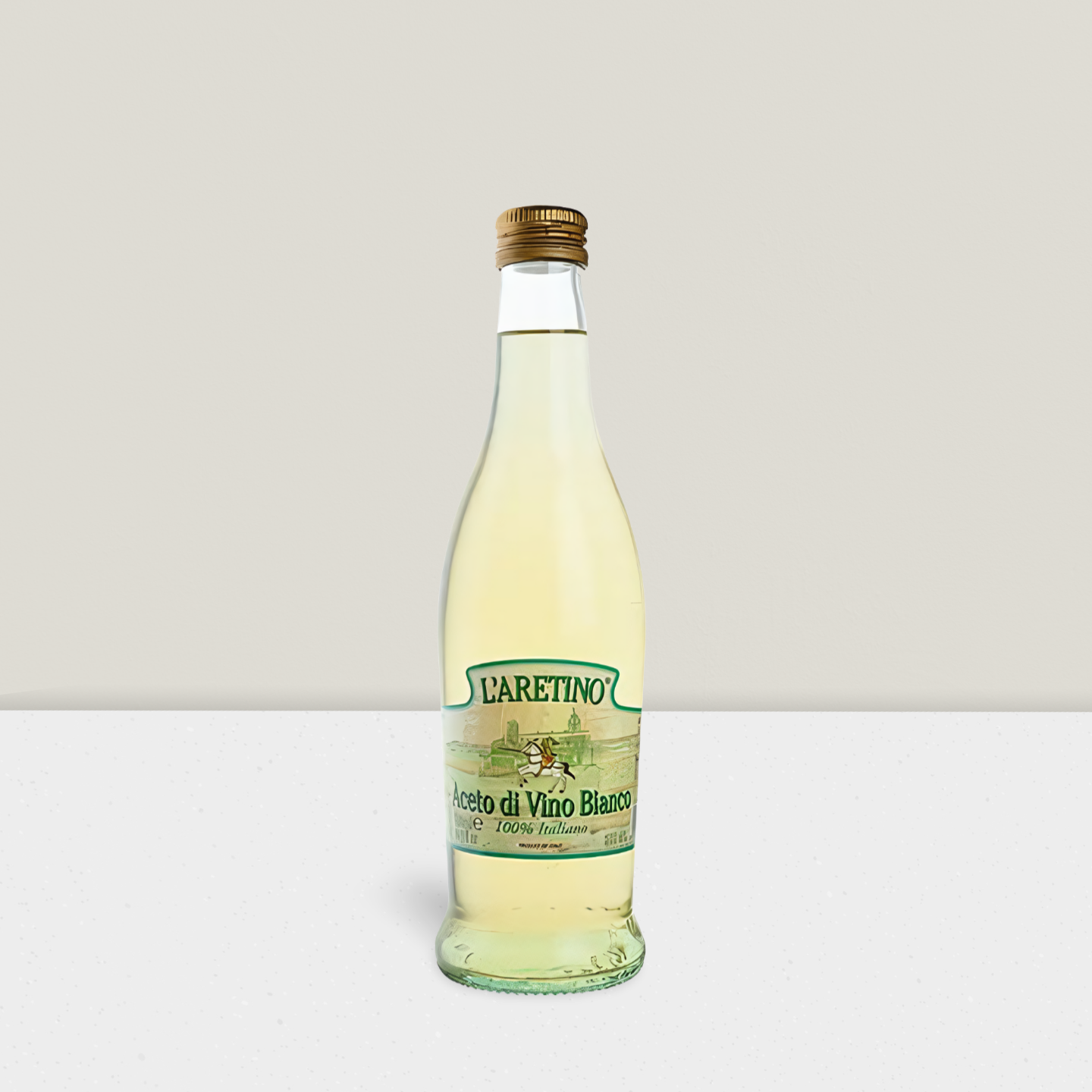 Bottle of L'aretino white wine on a light gray background