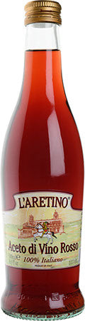 Bottle of L'Aretino Red Wine Vinegar with a red liquid inside.