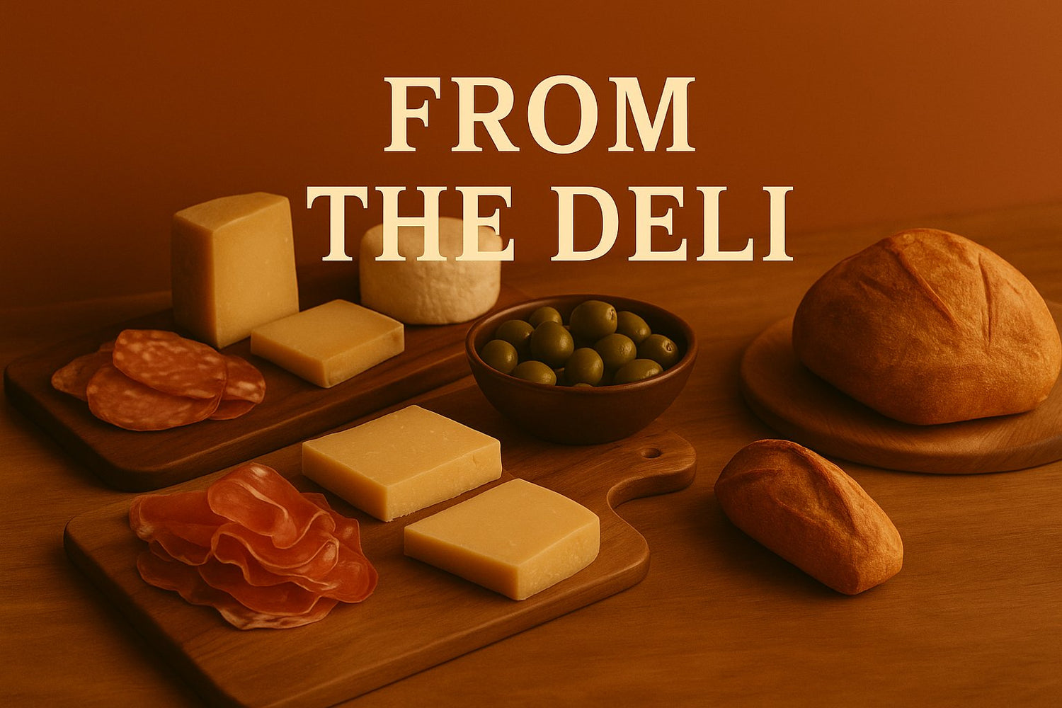 Cheeses and deli meats with a bowl of olives and some Italian ciabatta on wooden boards