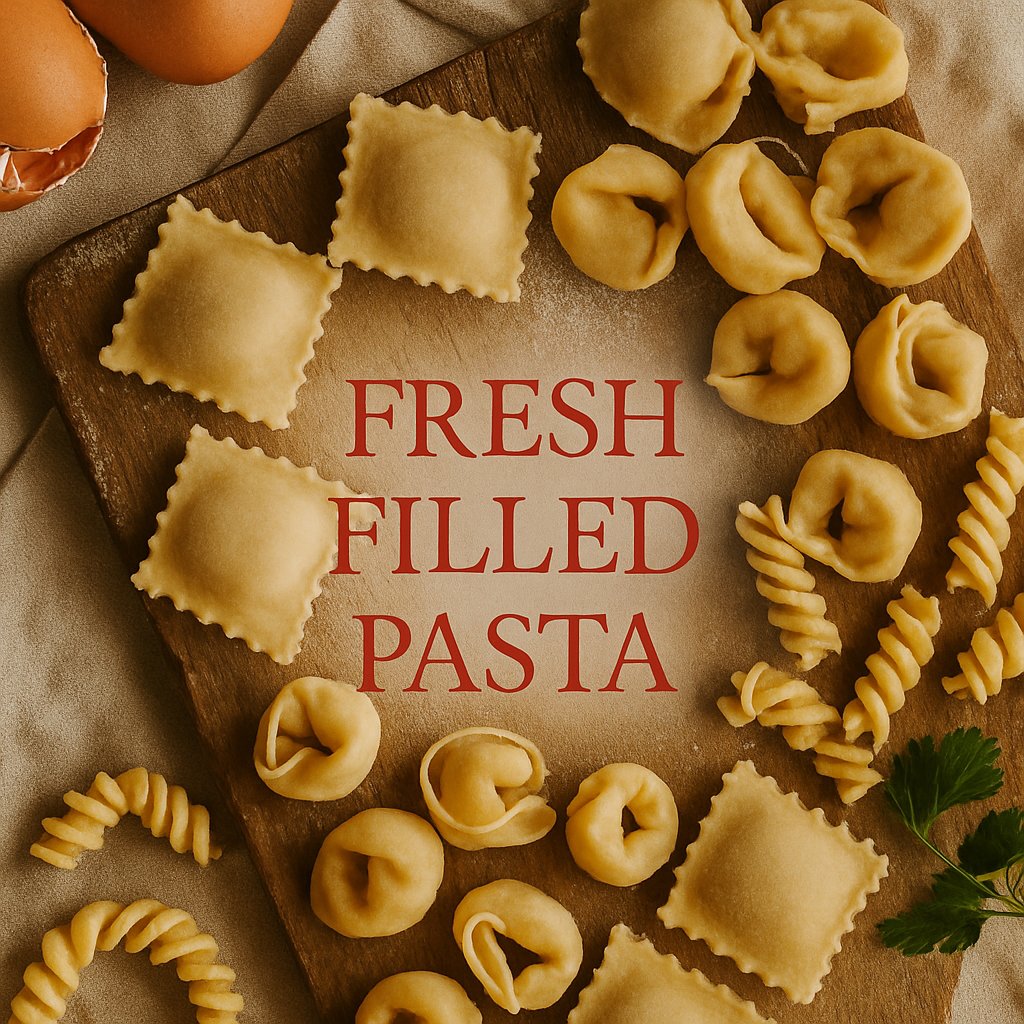 variety of fresh pasta ravioli and tortellini on a wooden chopping board