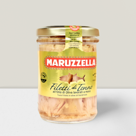 Fillets of tuna in olive oil in a glass jar available from The Online Italian