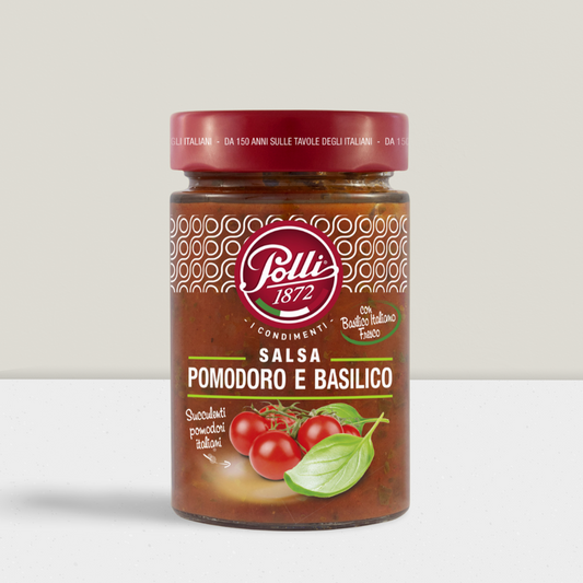 Polli ready made sauce with tomato and basil in a glass jar 