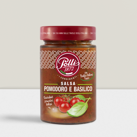 Polli ready made sauce with tomato and basil in a glass jar 