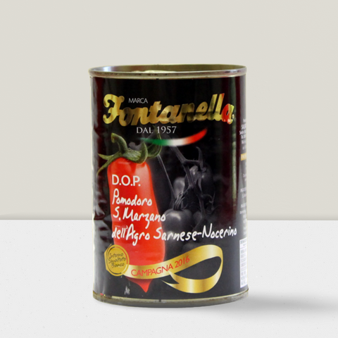 Black tin of D.O.P San Marzano tomatoes available online