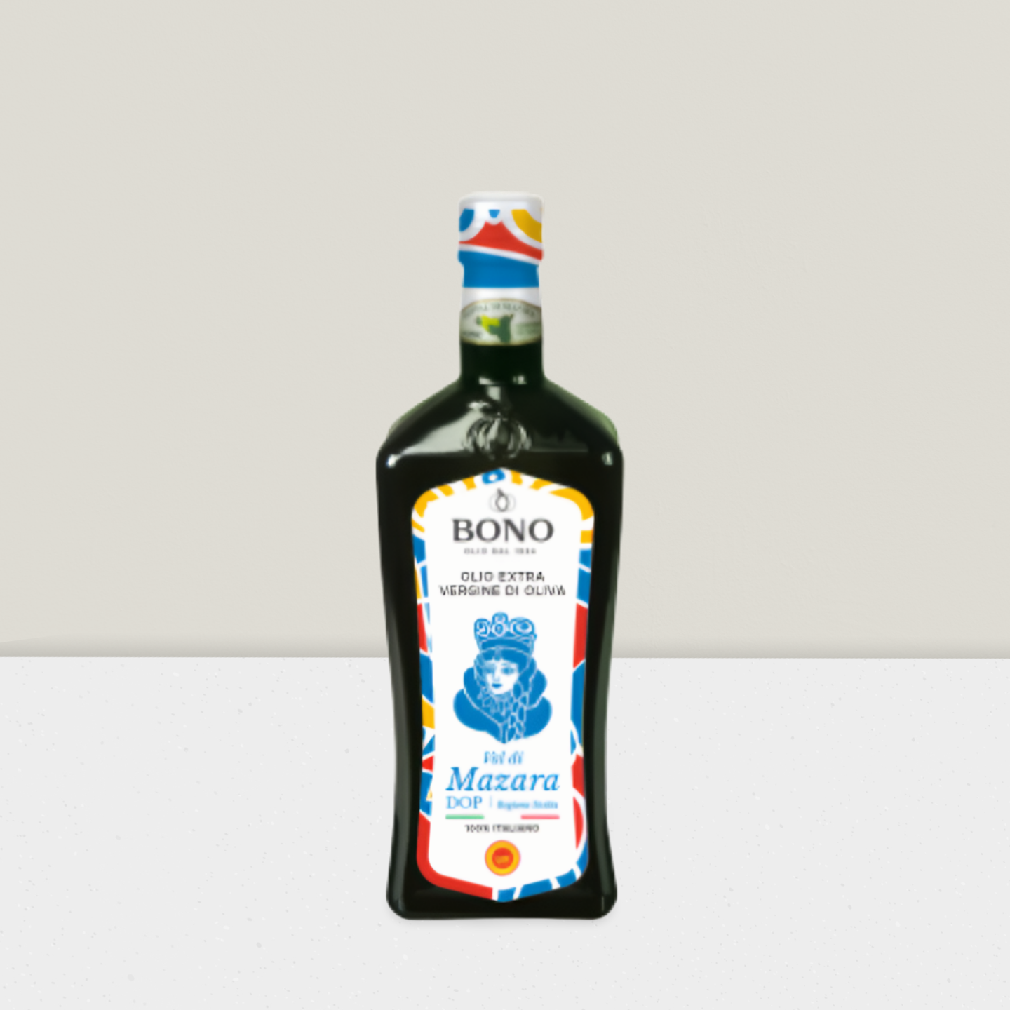 Bottle of Bono olive oil with a colorful label on a white background
