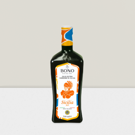 Bottle of Bono Sicilia olive oil on a white background