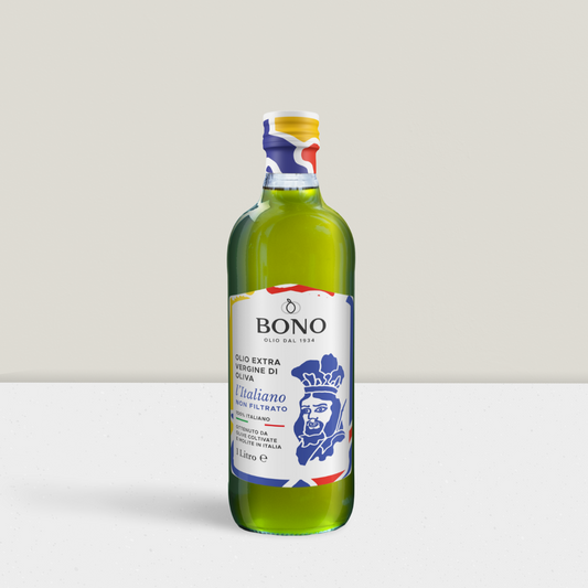 Bottle of Bono olive oil on a light gray background