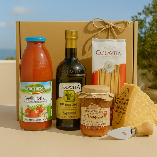 Collection of Italian food products including a bottle, jar, and box on a beige surface with a scenic background.