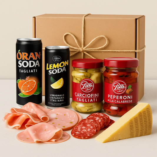 Gift box with soda, cured meats, and pickled items on a neutral background