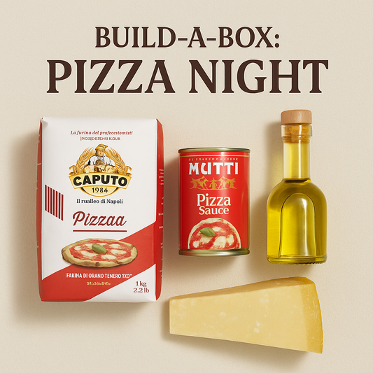 Pizza night ingredients , flour , pizza sauce , olive oil and cheese.