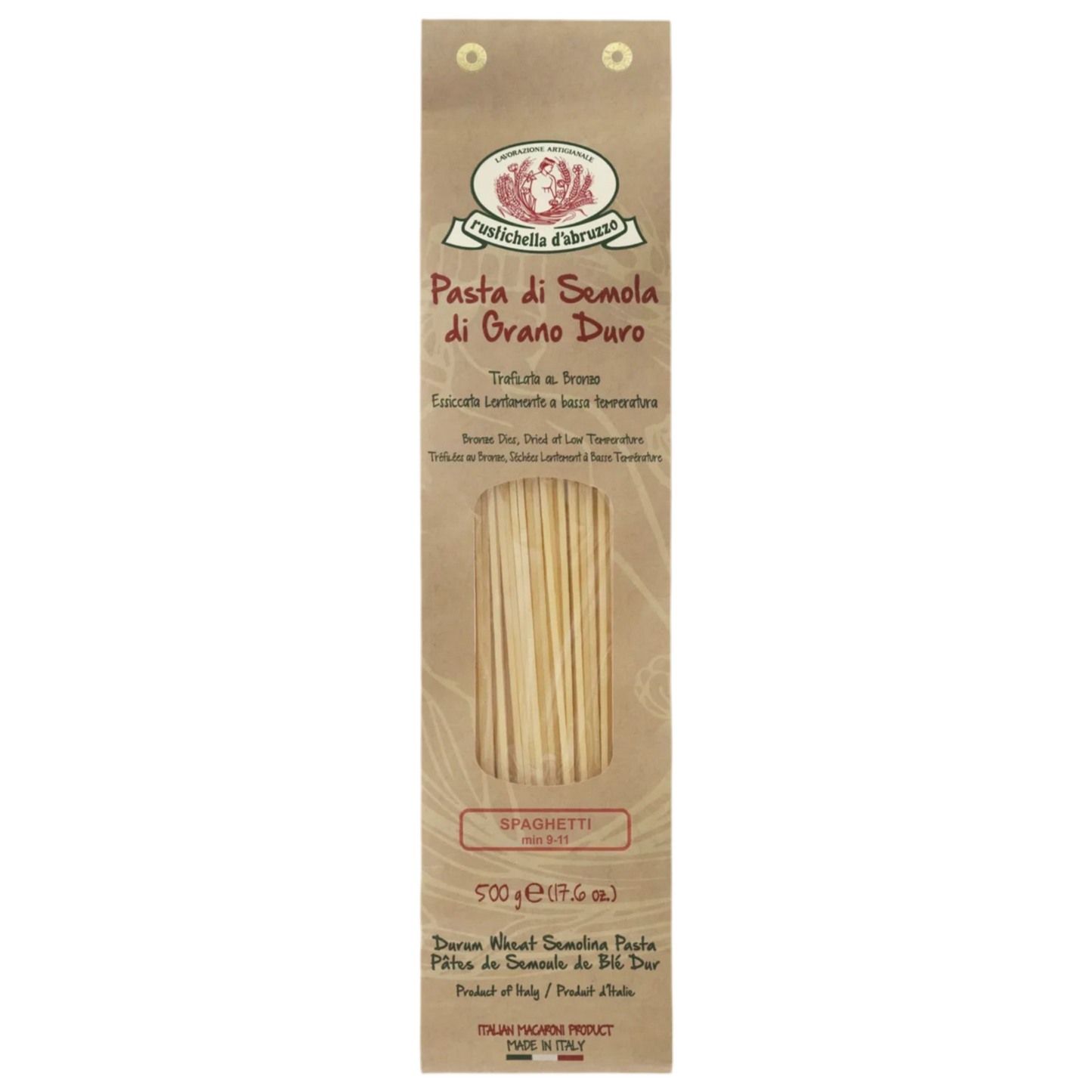 Pasta package with brand logo and product details on a white background
