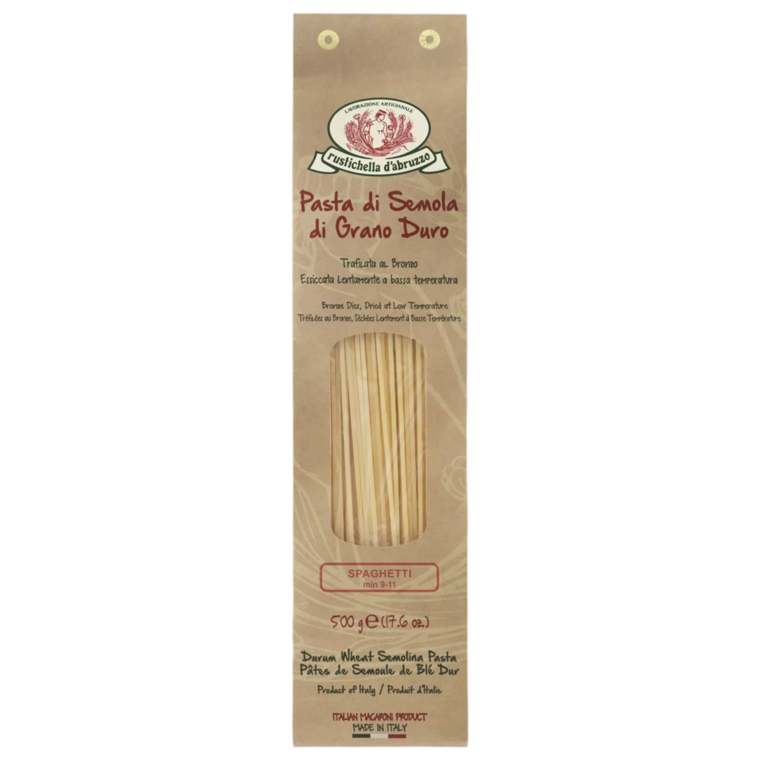 Pasta package with brand logo and product details on a white background