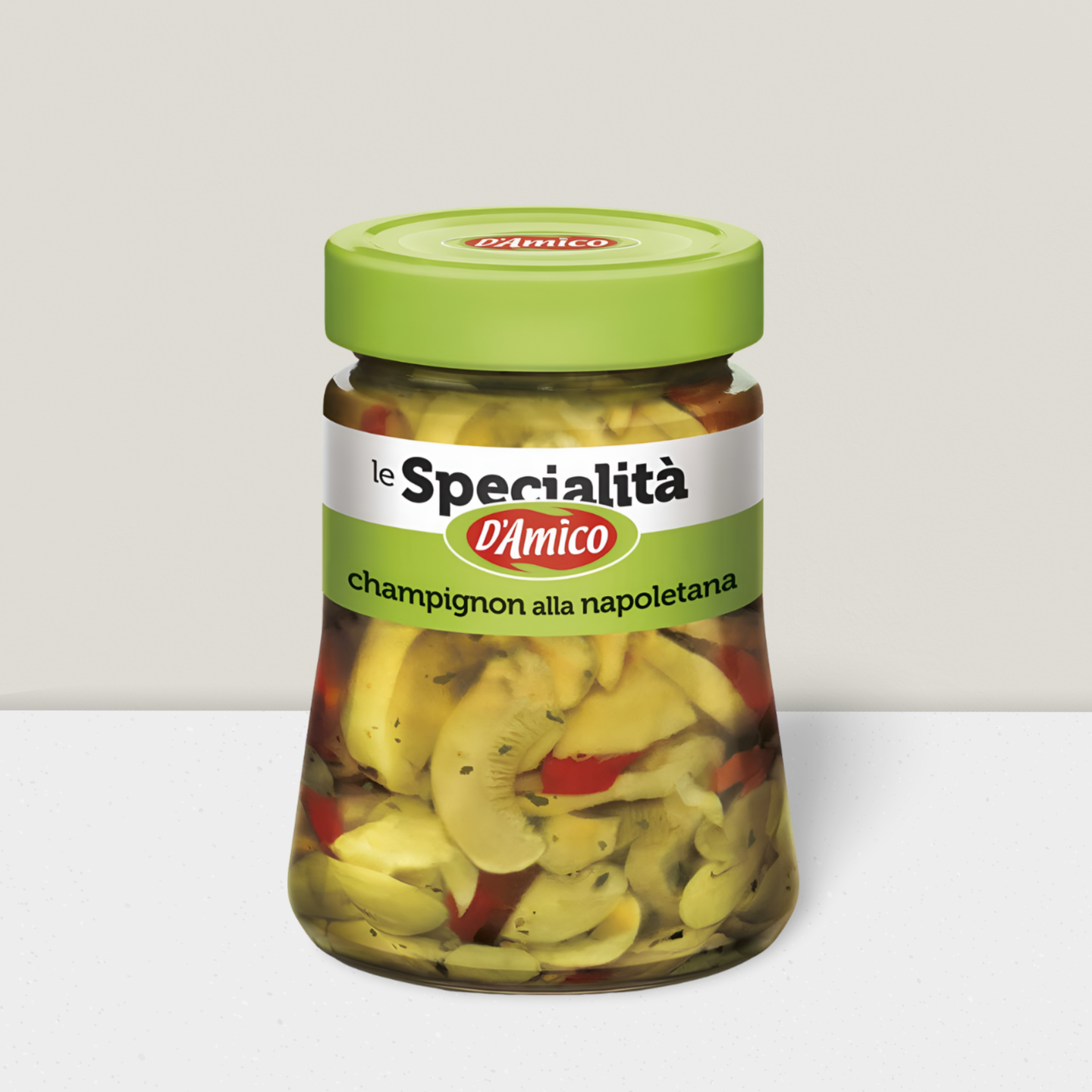 Jar of 'le Specialità D'Amico' mushrooms on a white background