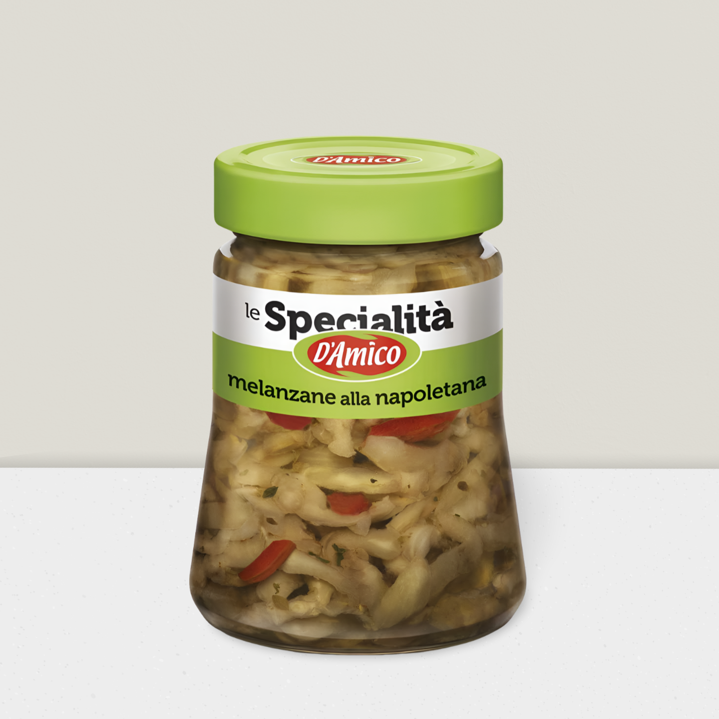 Jar of 'le Specialità D'Amico' pickled vegetables on a white background