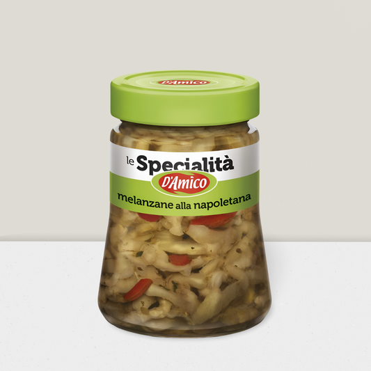Jar of 'le Specialità D'Amico' pickled vegetables on a white background