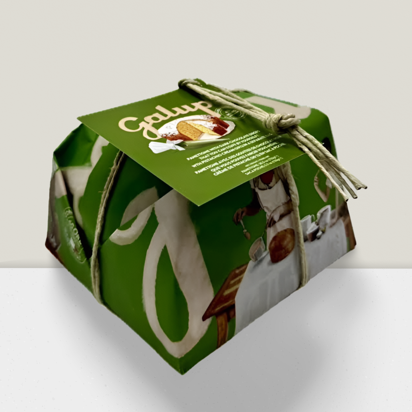 Green packaging box with a label, tied with string on a light gray background