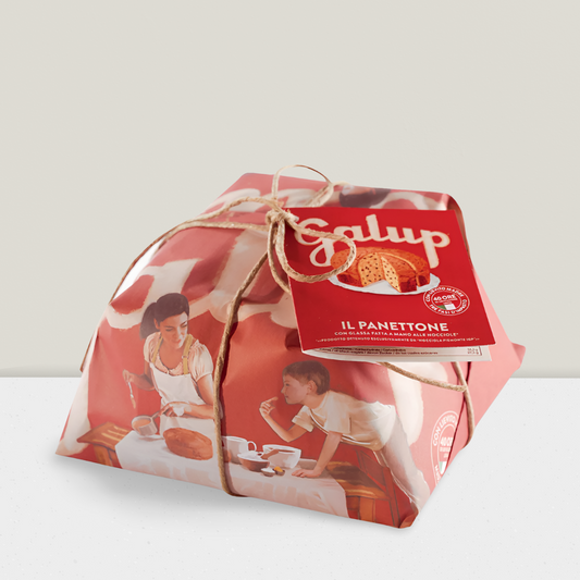 Red packaging of Galup Panettone with images of a family and a loaf of bread on a white background