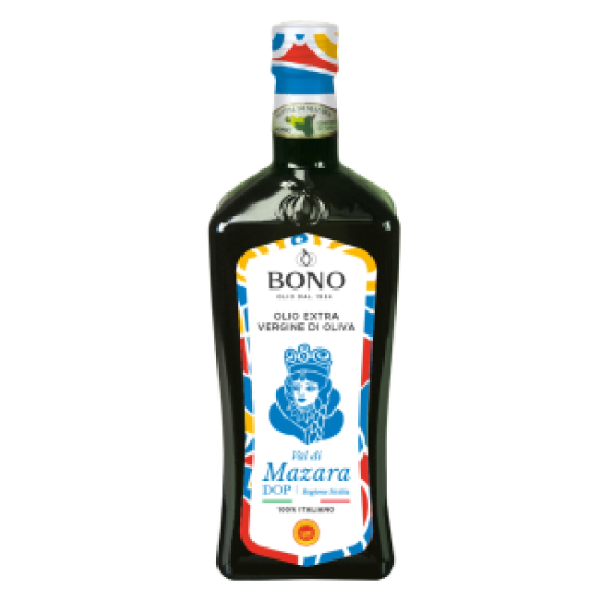Bottle of Bono olive oil with a colorful label on a white background