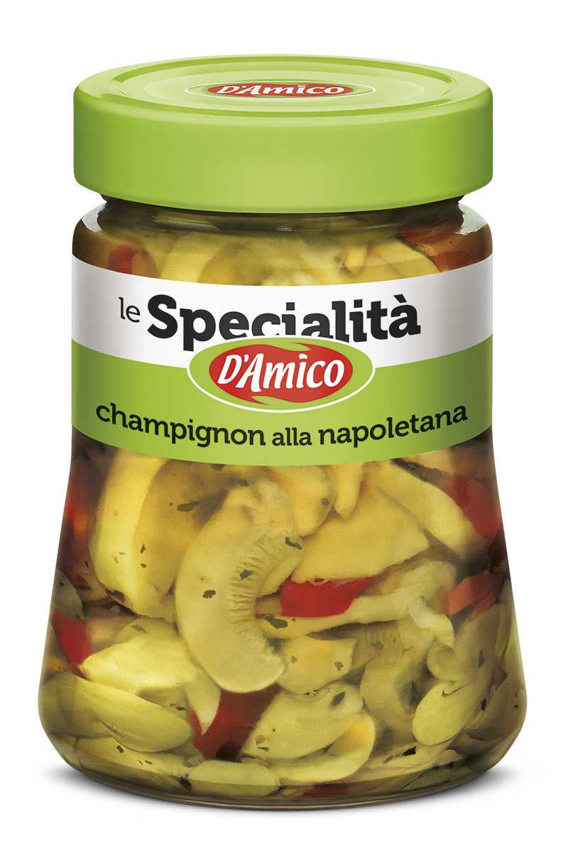 Jar of 'D'Amico' champignons on a white background